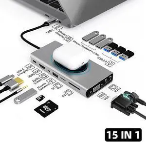 15-in-1 USB C Docking Station, Dual Display Type C Multiport Hub Dongle with HDMI VGA, USB Ports, SD/TF Card Reader, 3.5mm Audio and PD Charging, Compatible with MacBook, Mac and Windows Type-C Laptop 15-in-1 USB C Docking Station, Dual Display Type C Multiport Hub Dongle with HDMI VGA, USB Ports, SD/TF Card Reader, 3.5mm Audio and PD Charging, Compatible with MacBook, Mac and Windows Type-C Laptop