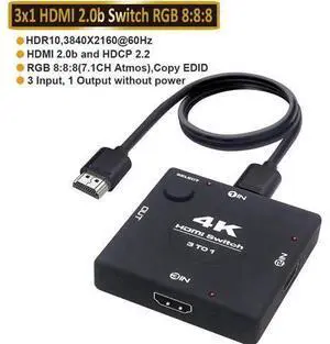 4K@60Hz HDMI Switch, HDMI Switch 3 in 1 Out, 3-Port HDMI Switcher Selectorwith 3.9FT HDMI Cable, Supports 4K, 3D, HDCP2.2, HDMI2.0, HDR, for Fire Stick 4K, HDTV, PS4/5, Game Consoles, PC 4K@60Hz HDMI Switch, HDMI Switch 3 in 1 Out, 3-Port HDMI Switcher Selectorwith 3.9FT HDMI Cable, Supports 4K, 3D, HDCP2.2, HDMI2.0, HDR, for Fire Stick 4K, HDTV, PS4/5, Game Consoles, PC