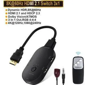 HDMI Switch 8K@60Hz, HDMI Switch 3 in 1 Out with Remote, HDMI Splitter Supports 8K 4K 3D UHD, HDMI Switcher for PS5, PS4, PS3,Fire Stick, Blu-Ray, Xbox, DVD, Laptop, PC HDMI Switch 8K@60Hz, HDMI Switch 3 in 1 Out with Remote, HDMI Splitter Supports 8K 4K 3D UHD, HDMI Switcher for PS5, PS4, PS3,Fire Stick, Blu-Ray, Xbox, DVD, Laptop, PC