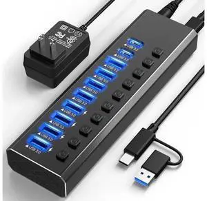 Powered USB Hub 3.2, 10-Port USB 3.2/USB C Hub (10Gbps USB-A 3.2 +2 USB-C 3.2 +7 USB 3.0 Ports) with Individual On/Off Switches and 12V Power Adapter, Aluminum USB Hub Powered for Laptop PC Powered USB Hub 3.2, 10-Port USB 3.2/USB C Hub (10Gbps USB-A 3.2 +2 USB-C 3.2 +7 USB 3.0 Ports) with Individual On/Off Switches and 12V Power Adapter, Aluminum USB Hub Powered for Laptop PC