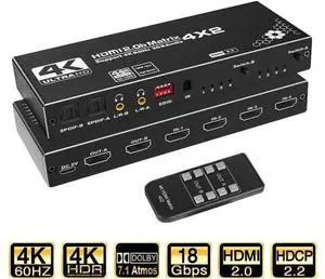 HDMI Matrix 4x2,4K@60Hz HDMI Matrix Switch 4 in 2 Out with EDID Extractor and IR Remote Control, Support HDMI 2.0b, HDCP2.2, HDR10, Ultra HD, 3D HDMI Matrix 4x2,4K@60Hz HDMI Matrix Switch 4 in 2 Out with EDID Extractor and IR Remote Control, Support HDMI 2.0b, HDCP2.2, HDR10, Ultra HD, 3D