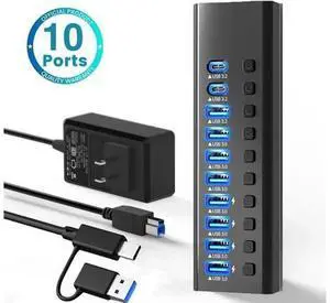 48W Powered USB Hub, 10-Port 90W USB 3.0 Splitter (10 USB 3.0 Ports+1 USB-A 3.2 Ports+2 USB-C 3.0 Ports), Individual On/Off Switches, 12V Power Adapter for Laptop, PC 48W Powered USB Hub, 10-Port 90W USB 3.0 Splitter (10 USB 3.0 Ports+1 USB-A 3.2 Ports+2 USB-C 3.0 Ports), Individual On/Off Switches, 12V Power Adapter for Laptop, PC