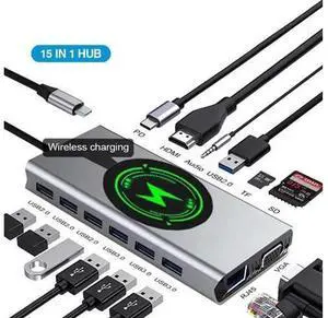 USB C Docking Station, 15 in 1 Dual Display USB C Hub Multiport Adapter with HDMI, VGA, 87W PD, 3X 5Gbps USB 3.0, 4X USB 2.0, Wireless Charging, Gigablit, SD/TF Card Slot, Audio for MacBook, Surface USB C Docking Station, 15 in 1 Dual Display USB C Hub Multiport Adapter with HDMI, VGA, 87W PD, 3X 5Gbps USB 3.0, 4X USB 2.0, Wireless Charging, Gigablit, SD/TF Card Slot, Audio for MacBook, Surface