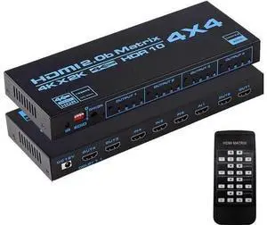 HDMI matrix switcher 4x4, 4K HDMI matrix switcher 4 in 4 out box with EDID extractor and IR remote control, support 4K HDR, HDMI 2.0b, HDCP 2.2, 4K@60Hz, 3D, YUV 4:4:4 HDMI matrix switcher 4x4, 4K HDMI matrix switcher 4 in 4 out box with EDID extractor and IR remote control, support 4K HDR, HDMI 2.0b, HDCP 2.2, 4K@60Hz, 3D, YUV 4:4:4