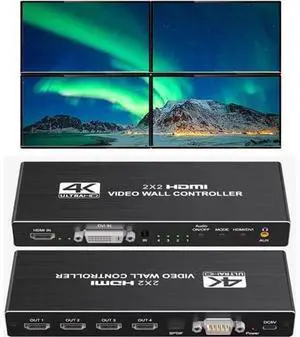 2x2 Video Wall Controller with 8 Display Modes, Support RS232, 1080P@60Hz, HDMI 1.4, HDCP 1,4, HDMI & DVI Input, HMDI Output, for Sports bar, Restaurant, School, Company, Home Theater, Mall 2x2 Video Wall Controller with 8 Display Modes, Support RS232, 1080P@60Hz, HDMI 1.4, HDCP 1,4, HDMI & DVI Input, HMDI Output, for Sports bar, Restaurant, School, Company, Home Theater, Mall
