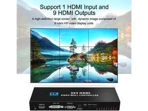 Video Wall Controller 3x3 4K 30Hz Processor HDMI 1.4 HDCP 1.4 Support 13 Display Modes -1x1,1x2, 1x3, 1x4, 2x1, 2x2, 2x3, 2x4, 3x1, 3x2, 3x3, 4x1, 4x2 with 1 DVI or HDMI Input 9 HDMI Output Video Wall Controller 3x3 4K 30Hz Processor HDMI 1.4 HDCP 1.4 Support 13 Display Modes -1x1,1x2, 1x3, 1x4, 2x1, 2x2, 2x3, 2x4, 3x1, 3x2, 3x3, 4x1, 4x2 with 1 DVI or HDMI Input 9 HDMI Output