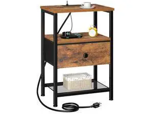 Night Stand with Charging Station, Small Bedside Table with Fabric Drawer, Nightstand with USB Ports & Outlets for Bedroom, Brown, HETS010BR-1 Night Stand with Charging Station, Small Bedside Table with Fabric Drawer, Nightstand with USB Ports & Outlets for Bedroom, Brown, HETS010BR-1