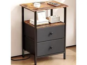 Nightstand with Charging Station, Bedside End Table with 2 Fabric Drawers for Bedroom, Side Table with USB Ports and Outlets (Brown Black) Nightstand with Charging Station, Bedside End Table with 2 Fabric Drawers for Bedroom, Side Table with USB Ports and Outlets (Brown Black)