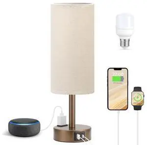 Brown Bedside Table Lamp for Bedroom - 3 Way Dimmable Touch Lamp USB C Charging Ports and AC Outlet, Small Lamp Round Flaxen Fabric Shade for Living Room, Desk, LED Bulb Included Brown Bedside Table Lamp for Bedroom - 3 Way Dimmable Touch Lamp USB C Charging Ports and AC Outlet, Small Lamp Round Flaxen Fabric Shade for Living Room, Desk, LED Bulb Included