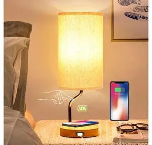 Bedside Table Lamp with Wireless Charger & USB Port - Touch Control LED Desk Lamp for Bedroom, 3-Way Dimmable Wooden Nightstand Lamp with Fabric Shade for Living Room, Kid's Room, Dorm, or Office Bedside Table Lamp with Wireless Charger & USB Port - Touch Control LED Desk Lamp for Bedroom, 3-Way Dimmable Wooden Nightstand Lamp with Fabric Shade for Living Room, Kid's Room, Dorm, or Office