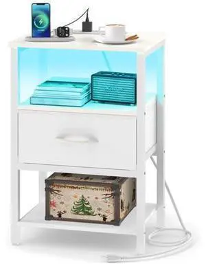 White Night Stand with Charging Station, LED Nightstand for Bedroom, Bedside Tables with Adjustable Fabric Drawer, 3-Tier End Table Living Room, Small Side Table with Storage White Night Stand with Charging Station, LED Nightstand for Bedroom, Bedside Tables with Adjustable Fabric Drawer, 3-Tier End Table Living Room, Small Side Table with Storage