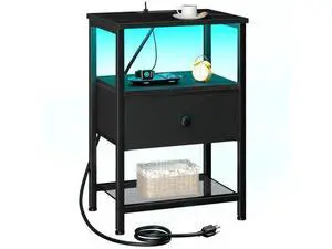 LED Night Stand with Charging Station, Small Bedside Table with USB Ports & Outlets, Fabric Storage Drawer with PU Finish for Bedroom, Black, HETS01BK-1 LED Night Stand with Charging Station, Small Bedside Table with USB Ports & Outlets, Fabric Storage Drawer with PU Finish for Bedroom, Black, HETS01BK-1