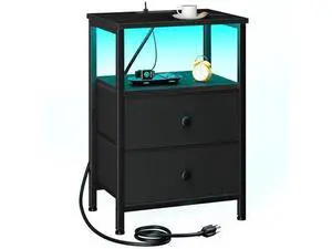 LED Night Stand with Charging Station, Small Bedside Table with USB Ports & Outlets, 2 Fabric Storage Drawers with PU Finish for Bedroom, Black, HETS02BK-1 LED Night Stand with Charging Station, Small Bedside Table with USB Ports & Outlets, 2 Fabric Storage Drawers with PU Finish for Bedroom, Black, HETS02BK-1