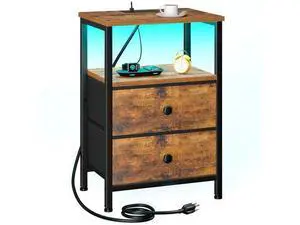 Night Stand with Charging Station, Small Bedside Table with USB Ports & Outlets, LED Nightstand with 2 Fabric Storage Drawers PU Finish for Bedroom, Brown, HETS02BR-1 Night Stand with Charging Station, Small Bedside Table with USB Ports & Outlets, LED Nightstand with 2 Fabric Storage Drawers PU Finish for Bedroom, Brown, HETS02BR-1