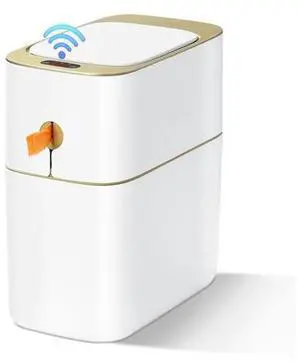 Touchless Bathroom Trash Can with Lid, 3 Gallon / 12L Slim Motion Sensor Garbage Bin, Automatic Waste Basket for Bedroom, Office & Narrow Spaces, White & Gold Touchless Bathroom Trash Can with Lid, 3 Gallon / 12L Slim Motion Sensor Garbage Bin, Automatic Waste Basket for Bedroom, Office & Narrow Spaces, White & Gold