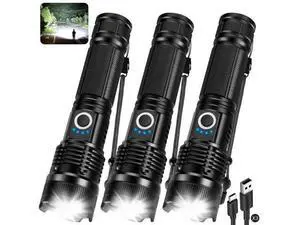 3 Pack Rechargeable Flashlights High Lumens, 990000LM Super Bright LED Flashlight, Adjustable Powerful Flash Light with 5 Modes & USB Cable, Waterproof Handheld Flashlight for Home Camping Outdoor 3 Pack Rechargeable Flashlights High Lumens, 990000LM Super Bright LED Flashlight, Adjustable Powerful Flash Light with 5 Modes & USB Cable, Waterproof Handheld Flashlight for Home Camping Outdoor