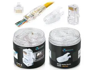 RJ45 Cat6 Pass Through Connectors and Strain Relief Boots - Pack of 100/100 - EZ to Crimp Modular Plug for Solid or Stranded UTP Network Cable - Male Ethernet Connector End RJ45 Cat6 Pass Through Connectors and Strain Relief Boots - Pack of 100/100 - EZ to Crimp Modular Plug for Solid or Stranded UTP Network Cable - Male Ethernet Connector End