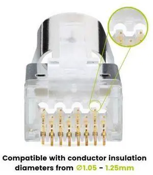 Cat6/6A RJ45 Pass Through Modular Plugs, Shielded (STP) External Ground Connector, UL Listed, EZ Crimp, Gold Plated 3 Prong 8P8C, 20 Pieces Cat6/6A RJ45 Pass Through Modular Plugs, Shielded (STP) External Ground Connector, UL Listed, EZ Crimp, Gold Plated 3 Prong 8P8C, 20 Pieces