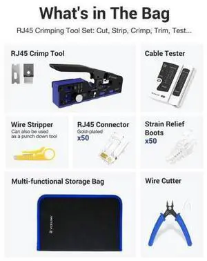 RJ45 Crimp Tool Kit for CAT7/6A/6/5E/5, Upgraded Network Tool Set with an Ethernet Crimper, 50 RJ45 Connectors & Boots, Cable Tester, Wire Stripper and Cutter in a Cloth Bag RJ45 Crimp Tool Kit for CAT7/6A/6/5E/5, Upgraded Network Tool Set with an Ethernet Crimper, 50 RJ45 Connectors & Boots, Cable Tester, Wire Stripper and Cutter in a Cloth Bag