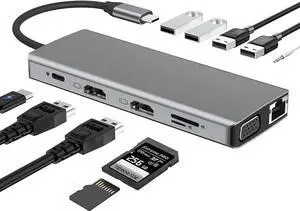 USB C Hub, Docking Station, 12 in 1 USB C Adapter Dongle with Dual HDMI 4K VGA 1080P 1000Mbps Ethernet PD 3.0 100W 4 USB TF/SD Card Slot, Audio Laptop Docking USB C Hub, Docking Station, 12 in 1 USB C Adapter Dongle with Dual HDMI 4K VGA 1080P 1000Mbps Ethernet PD 3.0 100W 4 USB TF/SD Card Slot, Audio Laptop Docking