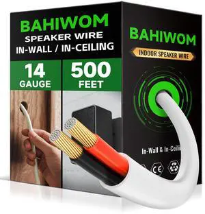 BAHIWOM 14 Gauge 500FT Speaker Wire CCA 2 Conductors Cord CL2 Rated Speaker Cable for Indoor,in-Wall,in-Ceiling,Home Theater & Commercial Audio with White PVC Jacket BAHIWOM 14 Gauge 500FT Speaker Wire CCA 2 Conductors Cord CL2 Rated Speaker Cable for Indoor,in-Wall,in-Ceiling,Home Theater & Commercial Audio with White PVC Jacket