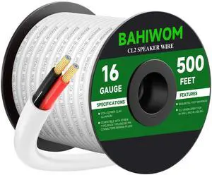 BAHIWOM 16 Gauge 500FT Speaker Wire CCA 2 Conductors Cord CL2 Rated Speaker Cable for Indoor,in-Wall,in-Ceiling,Home Theater & Commercial Audio with White PVC Jacket BAHIWOM 16 Gauge 500FT Speaker Wire CCA 2 Conductors Cord CL2 Rated Speaker Cable for Indoor,in-Wall,in-Ceiling,Home Theater & Commercial Audio with White PVC Jacket