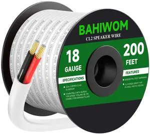 BAHIWOM 18 Gauge 200FT Speaker Wire CCA 2 Conductors Cord CL2 Rated Speaker Cable for Indoor,in-Wall,in-Ceiling,Home Theater & Commercial Audio with White PVC Jacket BAHIWOM 18 Gauge 200FT Speaker Wire CCA 2 Conductors Cord CL2 Rated Speaker Cable for Indoor,in-Wall,in-Ceiling,Home Theater & Commercial Audio with White PVC Jacket