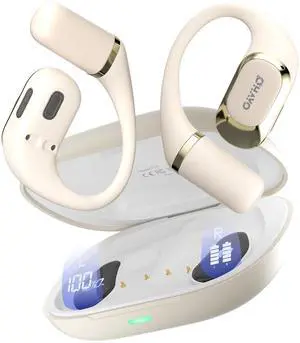 OHAYO Open Ear Headphones,Earbuds with Ergonomic Earhook,Bluetooth Headphones 5.4 with Smart Digital Display,40H Playtime,IPX6 Waterproof,Touch Control Earphones Fit Cycling,Running,Workout(Beige) OHAYO Open Ear Headphones,Earbuds with Ergonomic Earhook,Bluetooth Headphones 5.4 with Smart Digital Display,40H Playtime,IPX6 Waterproof,Touch Control Earphones Fit Cycling,Running,Workout(Beige)