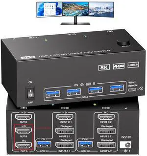KVM Switch 3 Monitors 2 Computers 8K@30Hz/4K@60Hz, HDMI KVM Switches for 2 PC Sharing Triple Monitor and Keyboard Mouse with Power Adapter, KVM Switch 3 Monitors 2 Computers 8K@30Hz/4K@60Hz, HDMI KVM Switches for 2 PC Sharing Triple Monitor and Keyboard Mouse with Power Adapter,