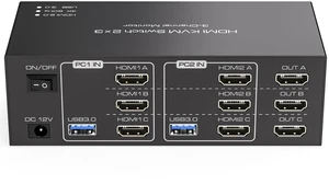 HDMI KVM Switch 3 Monitors 2 Computers 4K@60Hz KVM Switches with 4 USB 3.0 Ports for 2 Computers Sharing Triple Monitor and 4 USB Devices Support Extended & Copy Mode with 2 USB Cables HDMI KVM Switch 3 Monitors 2 Computers 4K@60Hz KVM Switches with 4 USB 3.0 Ports for 2 Computers Sharing Triple Monitor and 4 USB Devices Support Extended & Copy Mode with 2 USB Cables
