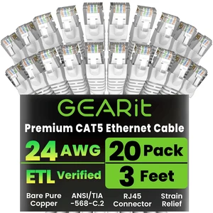 GEARit 20-Pack, Cat5e Ethernet Patch Cable 3 Feet - Snagless RJ45 Computer LAN Network Cord, White GEARit 20-Pack, Cat5e Ethernet Patch Cable 3 Feet - Snagless RJ45 Computer LAN Network Cord, White