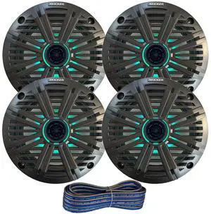 2 Pair (Qty 4) of Kicker 6.5" 2-Way 195 Watts Max Power Coaxial Marine Audio Multicolor LED Speakers with Charcoal Salt Water Grilles, 50-Feet 16-Gauge Speaker Wire 2 Pair (Qty 4) of Kicker 6.5" 2-Way 195 Watts Max Power Coaxial Marine Audio Multicolor LED Speakers with Charcoal Salt Water Grilles, 50-Feet 16-Gauge Speaker Wire