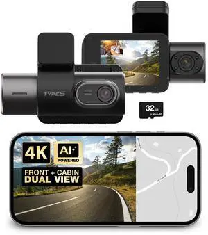 Type S T402 4K Dual View 2-Channel Dash Cam with Adaptive AI-Powered Driver Assistance and 1080p Interior Surveillance Cam Type S T402 4K Dual View 2-Channel Dash Cam with Adaptive AI-Powered Driver Assistance and 1080p Interior Surveillance Cam