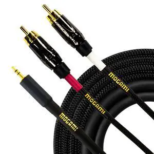 Mogami GOLD 3.5-2RCA-20 Stereo Audio Y-Adapter Cable, 3.5mm TRS Plug to Dual RCA Plugs, Gold Contacts, Straight Connectors, 20 Foot Mogami GOLD 3.5-2RCA-20 Stereo Audio Y-Adapter Cable, 3.5mm TRS Plug to Dual RCA Plugs, Gold Contacts, Straight Connectors, 20 Foot