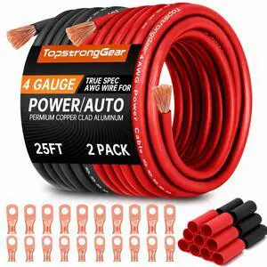 TOPSTRONGGEAR 4 Gauge Wire for Automotive Power Ground, Car Audio, Car Amplifier, RV, Amp, CCA Automotive Wire, Battery Cable, Wiring Kit (25FT Each Black/Red with 20PCS Lugs, 20 Heat Shrink Wrap) TOPSTRONGGEAR 4 Gauge Wire for Automotive Power Ground, Car Audio, Car Amplifier, RV, Amp, CCA Automotive Wire, Battery Cable, Wiring Kit (25FT Each Black/Red with 20PCS Lugs, 20 Heat Shrink Wrap)