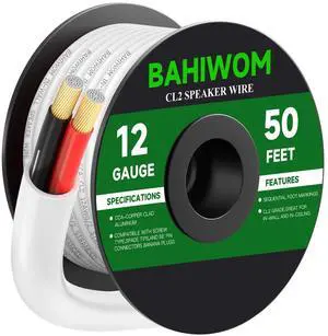 BAHIWOM 12 Gauge 50FT Speaker Wire CCA 2 Conductors Cord CL2 Rated Speaker Cable for Indoor,in-Wall,in-Ceiling,Home Theater & Commercial Audio with White PVC Jacket BAHIWOM 12 Gauge 50FT Speaker Wire CCA 2 Conductors Cord CL2 Rated Speaker Cable for Indoor,in-Wall,in-Ceiling,Home Theater & Commercial Audio with White PVC Jacket