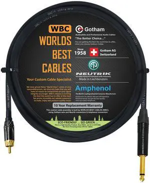 WORLDS BEST CABLES 2 Foot TS to RCA Cable Gotham GAC-1 Ultra Pro Low- Capacitance Instrument Cable & Neutrik NP2X-B & Amphenol ACPL-CBK Gold Plugs - Custom Made WORLDS BEST CABLES 2 Foot TS to RCA Cable Gotham GAC-1 Ultra Pro Low- Capacitance Instrument Cable & Neutrik NP2X-B & Amphenol ACPL-CBK Gold Plugs - Custom Made