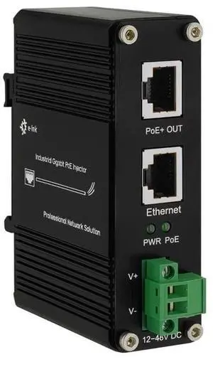 E-link Hardened Industrial Gigabit PoE+ Injector, 12~48V Input PoE+ Adapter, IEEE802.3af/at 30W Output up to 328ft, Din-Rail and Wall-Mount Installation E-link Hardened Industrial Gigabit PoE+ Injector, 12~48V Input PoE+ Adapter, IEEE802.3af/at 30W Output up to 328ft, Din-Rail and Wall-Mount Installation