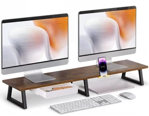 TEAMIX 42 inch Dual Monitor Stand with Storage Drawer & Phone Holder, Brown TEAMIX 42 inch Dual Monitor Stand with Storage Drawer & Phone Holder, Brown