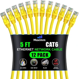 Maximm Cat6 Ethernet Cable 5 Ft, 10 Gbps 550 MHz, Yellow, 12 Pack Maximm Cat6 Ethernet Cable 5 Ft, 10 Gbps 550 MHz, Yellow, 12 Pack