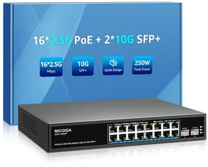 16 Port 2.5G PoE Switch Unmanaged with 16 Port 2.5Gb Base-T PoE+@250W + 2 x 10G SFP+ Uplink, NICGIGA 18 Port 2.5Gbe IEEE802.3af/at Power Over Ethernet Switch, Support WiFi6 AP, NAS, 4K PoE Camera NVR. 16 Port 2.5G PoE Switch Unmanaged with 16 Port 2.5Gb Base-T PoE+@250W + 2 x 10G SFP+ Uplink, NICGIGA 18 Port 2.5Gbe IEEE802.3af/at Power Over Ethernet Switch, Support WiFi6 AP, NAS, 4K PoE Camera NVR.