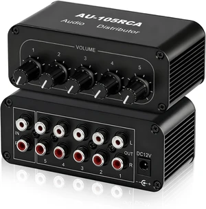 5-Way RCA Audio Splitter, 1-in 5-out Distribution Amplifier with Volume Control & 6dB Boost 5-Way RCA Audio Splitter, 1-in 5-out Distribution Amplifier with Volume Control & 6dB Boost