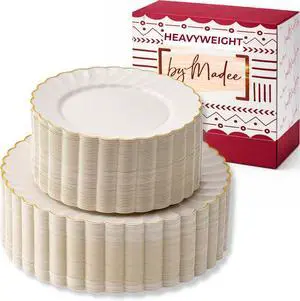 HEAVYWEIGHT 100 Pc Scalloped Ivory Gold Plastic Plates for Party | 50 Dinner & 50 Dessert Plates Disposable Heavy Duty | Elegant & Fancy for Wedding, Baby Shower, Bridal Shower 50 Guests HEAVYWEIGHT 100 Pc Scalloped Ivory Gold Plastic Plates for Party | 50 Dinner & 50 Dessert Plates Disposable Heavy Duty | Elegant & Fancy for Wedding, Baby Shower, Bridal Shower 50 Guests