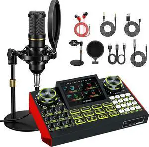 Podcast Microphone Bundle with Live Sound Card Audio Mixer, Podcast Equipment Bundle Sound Board with 3.5mm Condenser Microphone for Pc/Phone Live Streaming Singing Gaming,Voice Changer, Denoise Podcast Microphone Bundle with Live Sound Card Audio Mixer, Podcast Equipment Bundle Sound Board with 3.5mm Condenser Microphone for Pc/Phone Live Streaming Singing Gaming,Voice Changer, Denoise