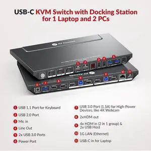 AV Access KVM Switch Dock for a Laptop and 2 Desktop PCs, Dual 4K Monitor USB C Docking Station, Type-C 65W Charging for Laptop, Ethernet, EDID, Hotkey Switch, HDMI, 4K@60Hz, 1080P@240Hz, USB 3.0 AV Access KVM Switch Dock for a Laptop and 2 Desktop PCs, Dual 4K Monitor USB C Docking Station, Type-C 65W Charging for Laptop, Ethernet, EDID, Hotkey Switch, HDMI, 4K@60Hz, 1080P@240Hz, USB 3.0