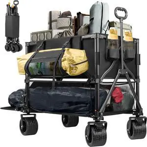 Double Decker Wagon 600lb Capacity & 400L Collapsible Sports Wagon with Big Wheels 54" Extended Utility Folding Cart for Camping Fishing & Outdoor Use Double Decker Wagon 600lb Capacity & 400L Collapsible Sports Wagon with Big Wheels 54" Extended Utility Folding Cart for Camping Fishing & Outdoor Use