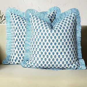 CPC Block Print Ruffle Throw Cover Apatite Blue 20"x20" Inch Pack of 2-100% Cotton Ruffle Couch Decorative Boho Pillows Case for Living Room, Bedroom, Sofa, Farmhouse Gift for Spring, Mother's Day CPC Block Print Ruffle Throw Cover Apatite Blue 20"x20" Inch Pack of 2-100% Cotton Ruffle Couch Decorative Boho Pillows Case for Living Room, Bedroom, Sofa, Farmhouse Gift for Spring, Mother's Day