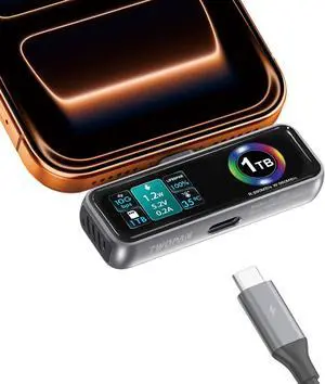Magnetic Portable iPhone SSD for ProRes 4K 60fps Video, 1TB External Hard Drive Super Storage for iPhone 17/16/15 Pro/Pro Max, iMac/MacBook, LCD Display, USB-C PD 3.0 Port, Built-in Cooling Fan Magnetic Portable iPhone SSD for ProRes 4K 60fps Video, 1TB External Hard Drive Super Storage for iPhone 17/16/15 Pro/Pro Max, iMac/MacBook, LCD Display, USB-C PD 3.0 Port, Built-in Cooling Fan