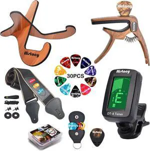 Guitar Accessories Kit: Wooden Stand, Strap, Clip-On Tuner, 3-in-1 Capo, 30 Picks for Acoustic, Electric Guitar, Bass & Ukulele, All-in-One Perfect Guitar Gift Set for Men & Beginners & Pros Guitar Accessories Kit: Wooden Stand, Strap, Clip-On Tuner, 3-in-1 Capo, 30 Picks for Acoustic, Electric Guitar, Bass & Ukulele, All-in-One Perfect Guitar Gift Set for Men & Beginners & Pros