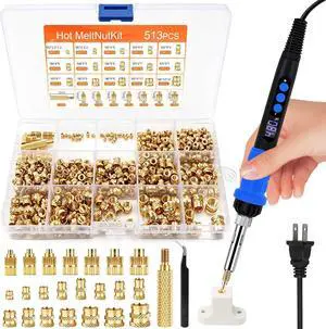 515Pcs Heat Set Insert Tool Kit for 3D Printing, 90W Digital Soldering Iron with 505 Brass Threaded Inserts, 7 Installation Tips, Adapter and Tweezers, M2-M8 515Pcs Heat Set Insert Tool Kit for 3D Printing, 90W Digital Soldering Iron with 505 Brass Threaded Inserts, 7 Installation Tips, Adapter and Tweezers, M2-M8